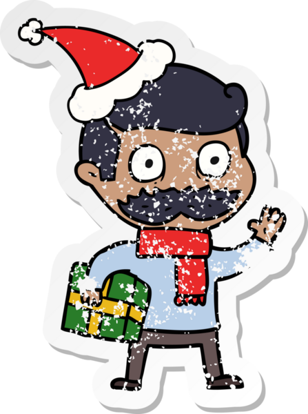 El çizimi, bıyıklı ve noel hediyesi olan bir adamın insan tarafından çizilmiş Noel Baba şapkası.