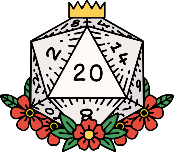 Retro Dövme Biçimi Doğal 20 D20 zar bir insan tarafından çizilmiş çiçek elementleriyle