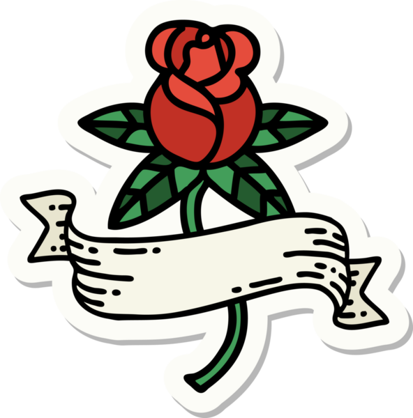 Bir insan tarafından çizilmiş gül ve pankartın geleneksel stiliyle dövme çıkartması.