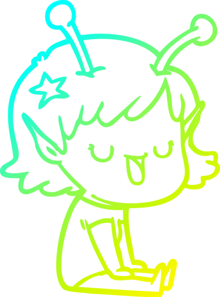 Bir insan tarafından çizilmiş mutlu uzaylı kız çizgi filminin soğuk gradyan çizimi.