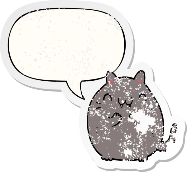 Konuşma balonlu mutlu çizgi film kedisi bir insan tarafından çizilmiş sıkıntılı eski bir çıkartma