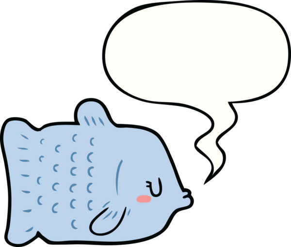 Bir insan tarafından çizilmiş konuşma balonlu çizgi film balığı.