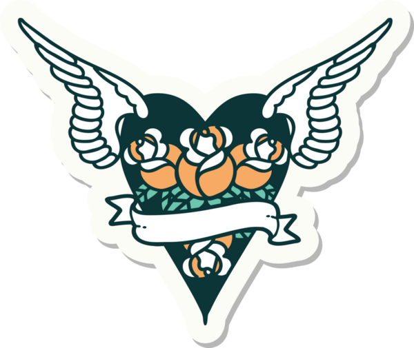 Geleneksel bir dövme stili. Uçan kalp. Çiçekler ve bir insan tarafından çizilmiş bayrak.