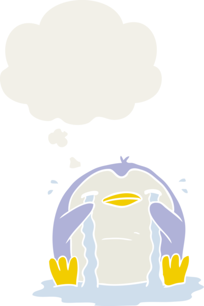 Karikatür ağlayan penguen. Düşünce baloncuğu insan tarafından çizilmiş.
