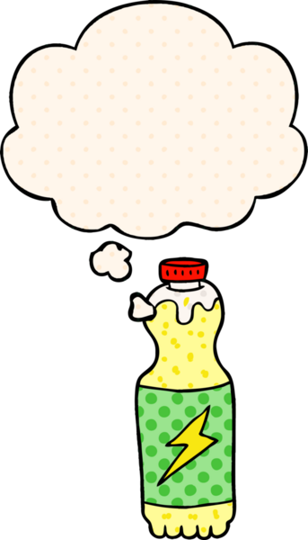 Çizgi roman tarzında bir insan tarafından çizilmiş düşünce baloncuklu gazoz şişesi.