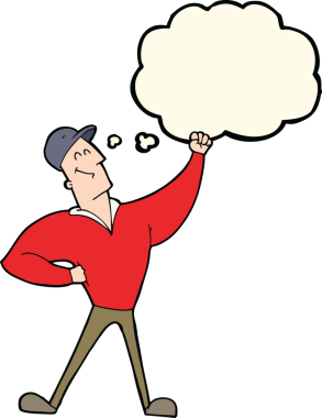 Bir insan tarafından çizilen düşünce baloncuğuyla kahramanca poz veren çizgi film adamı.