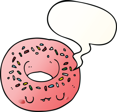 Bir insan tarafından çizilmiş, konuşma baloncuklu çizgi film donutu.