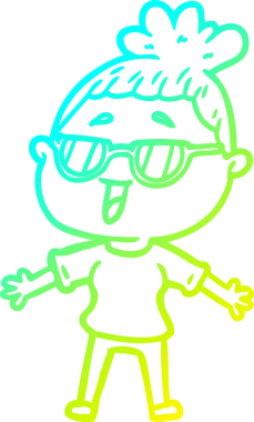 Bir insan tarafından çizilmiş gözlük takan mutlu bir kadının çizgi film çizimi.