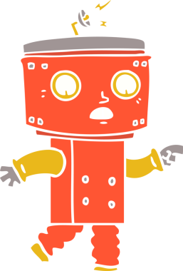 Bir insan tarafından çizilmiş düz renkli çizgi film robotu