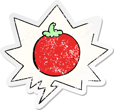 Konuşma baloncuklu çizgi film domatesi bir insan tarafından çizilmiş sıkıntılı eski bir çıkartma