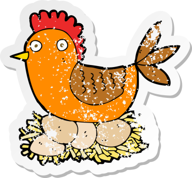 Bir insan tarafından çizilmiş yumurtaların üzerine çizgi film tavuğu yapıştırması.