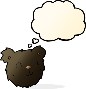 Bir insan tarafından çizilmiş düşünce baloncuklu mutlu siyah ayı yüzü.