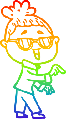 Bir insan tarafından çizilmiş gözlük takan mutlu bir kadının çizgi çizimi.