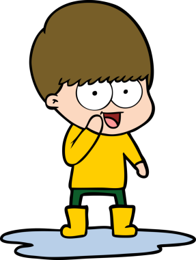 Bir insan tarafından çizilmiş su birikintisinde sıçrayan mutlu çizgi film çocuğu.