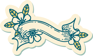 Geleneksel dövme stili bir pankart ve insan tarafından çizilmiş çiçekler.