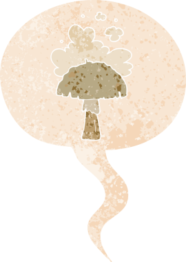 Spor bulutlu çizgi film mantarı grunge 'de konuşma baloncuğu olan sıkıntılı eski moda bir insan tarafından çizilmiş.