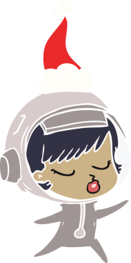 Bir insan tarafından çizilmiş Noel Baba şapkası giyen güzel bir astronot kızın el çizimi düz renk çizimi.