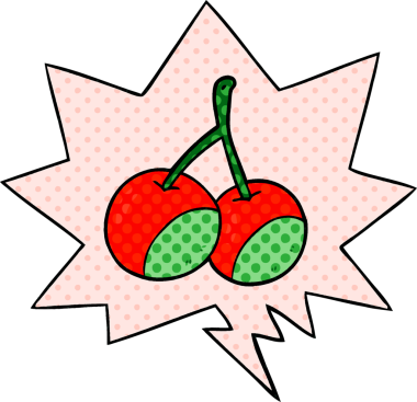 Bir insan tarafından çizilmiş çizgi roman tarzında konuşma balonu olan kirazlar.