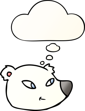 Karikatür kutup ayısı yüzü. Düşünce baloncuğu insan tarafından çizilmiş.