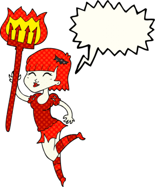 El yazısıyla çizilmiş çizgi roman konuşma balonu, bir insan tarafından çizilmiş şeytan kız.