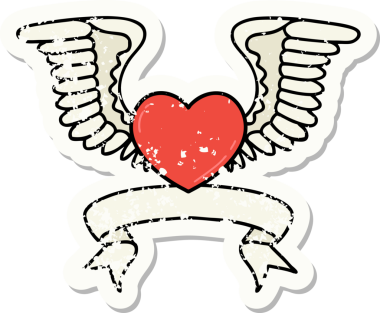 Bir insan tarafından çizilmiş kanatlı bir kalbin bayrağını taşıyan eski bir etiket.