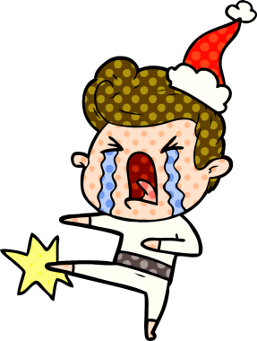 Bir insan tarafından çizilmiş Noel Baba şapkası giymiş ağlayan bir adamın el çizimi çizgi roman çizimi.