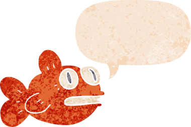 grunge 'da konuşma baloncuğu olan karikatür balığı bir insan tarafından çizilmiş dertli retro stil.