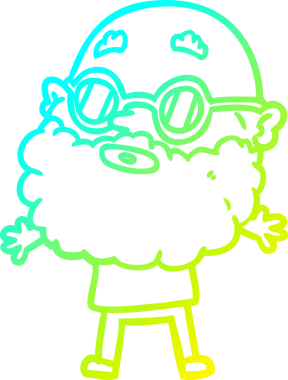 Bir insan tarafından çizilmiş sakallı ve güneş gözlüklü tuhaf bir çizgi film karakteri.