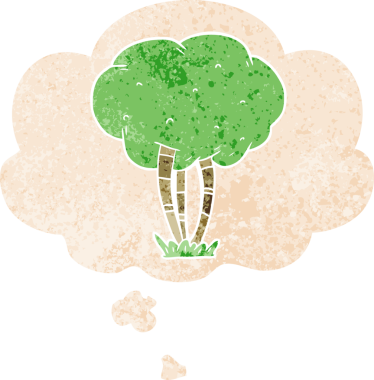 Düşünce baloncuğu ve grunge desenli karikatür ağacı bir insan tarafından çizilmiş.