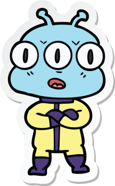 Çizgi film çıkartması. Bir insan tarafından çizilmiş üç gözlü uzaylı.