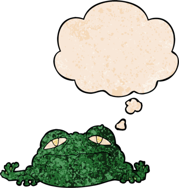 Bir insan tarafından çizilmiş grunge desenli düşünce baloncuklu çirkin kurbağa çizgi filmi.