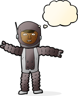 Bir insan tarafından çizilmiş düşünce baloncuklu astronot.