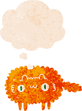 grunge 'da düşünce baloncuğu olan çizgi film kedisi bir insan tarafından çizilmiş dertli retro desenli