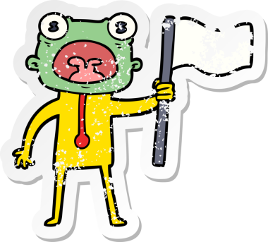 Bir insan tarafından çizilmiş bayraklı garip bir uzaylı çizgi filminin sıkıntılı çıkartması.