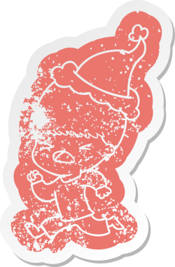 Bir insan tarafından çizilmiş Noel Baba şapkası giyen stresli bir adamın garip karikatürü.