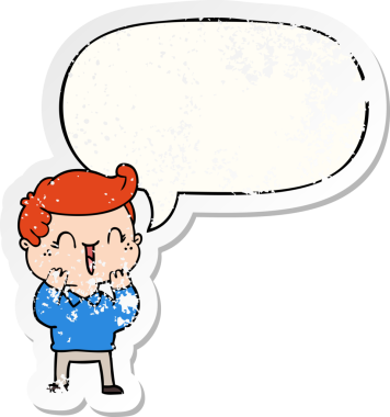 Çizgi filmdeki gülen çocuk, bir insan tarafından çizilmiş, kederli, yaşlı bir çıkartma.