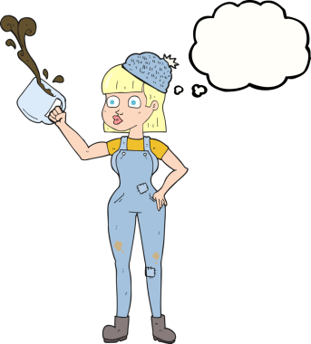 Bir insan tarafından çizilmiş kahve fincanı ile serbest çizilmiş düşünce balonu kadın çalışanı.