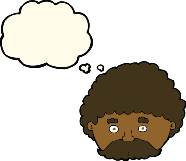 Bir insan tarafından çizilmiş düşünce baloncuklu bıyıklı çizgi film adamı.