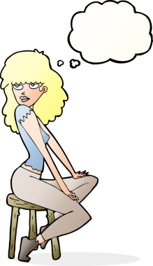 Bir insan tarafından çizilmiş düşünce baloncuğuyla poz veren karikatür kadın.