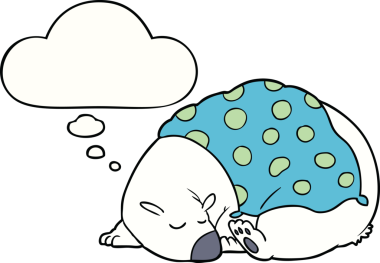 Bir insan tarafından çizilmiş düşünce baloncuğuyla uyuyan kutup ayısı çizgi filmi.