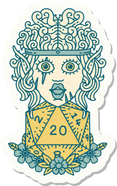 Bir insan tarafından çizilmiş 20 zarlı elf barbar karakterinin çıkartması.