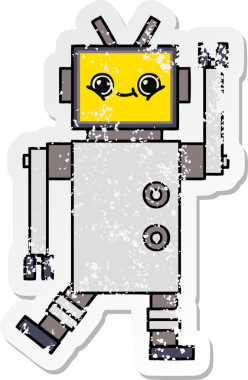 Bir insan tarafından çizilmiş sevimli bir robot çizgi film çıkartması.