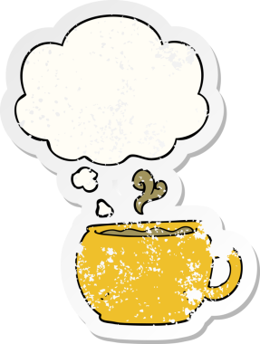 Düşünce baloncuklu çizgi film kahve fincanı insan tarafından çizilmiş yıpranmış bir çıkartma gibi.