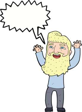 Çizgi film mutlu sakallı adam bir insan tarafından çizilmiş konuşma balonuyla kollarını sallıyor.