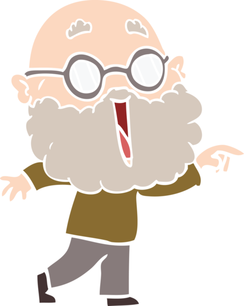 Düz renkli çizgi film, neşeli, sakallı, bir insan tarafından çizilmiş bir adam.