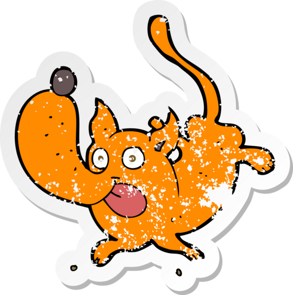 Bir insan tarafından çizilmiş komik bir köpeğin gerilmiş çıkartması.