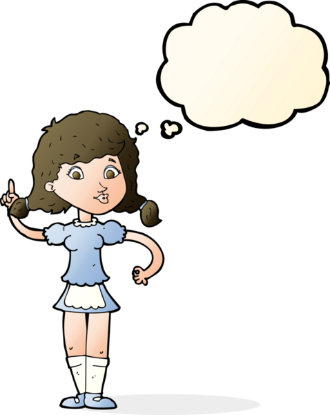 Bir insan tarafından çizilmiş düşünce balonlu güzel hizmetçi kadın.