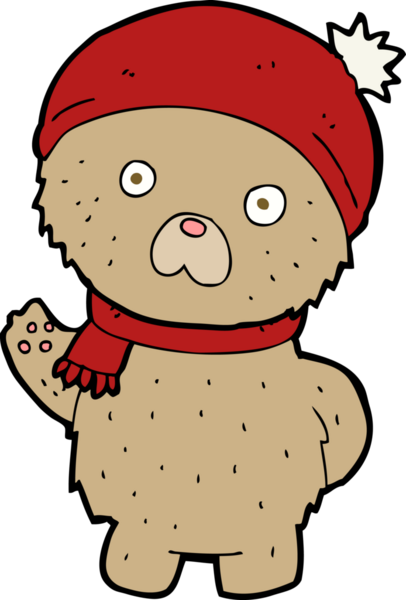 Bir insan tarafından çizilmiş, kış şapkalı ve atkılı oyuncak ayı.