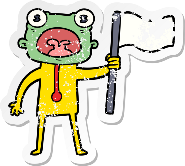 Bir insan tarafından çizilmiş bayraklı garip bir uzaylı çizgi filminin sıkıntılı çıkartması.