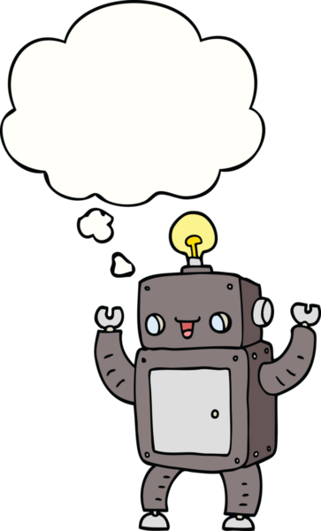 Bir insan tarafından çizilmiş düşünce baloncuklu mutlu robot çizgi filmi.